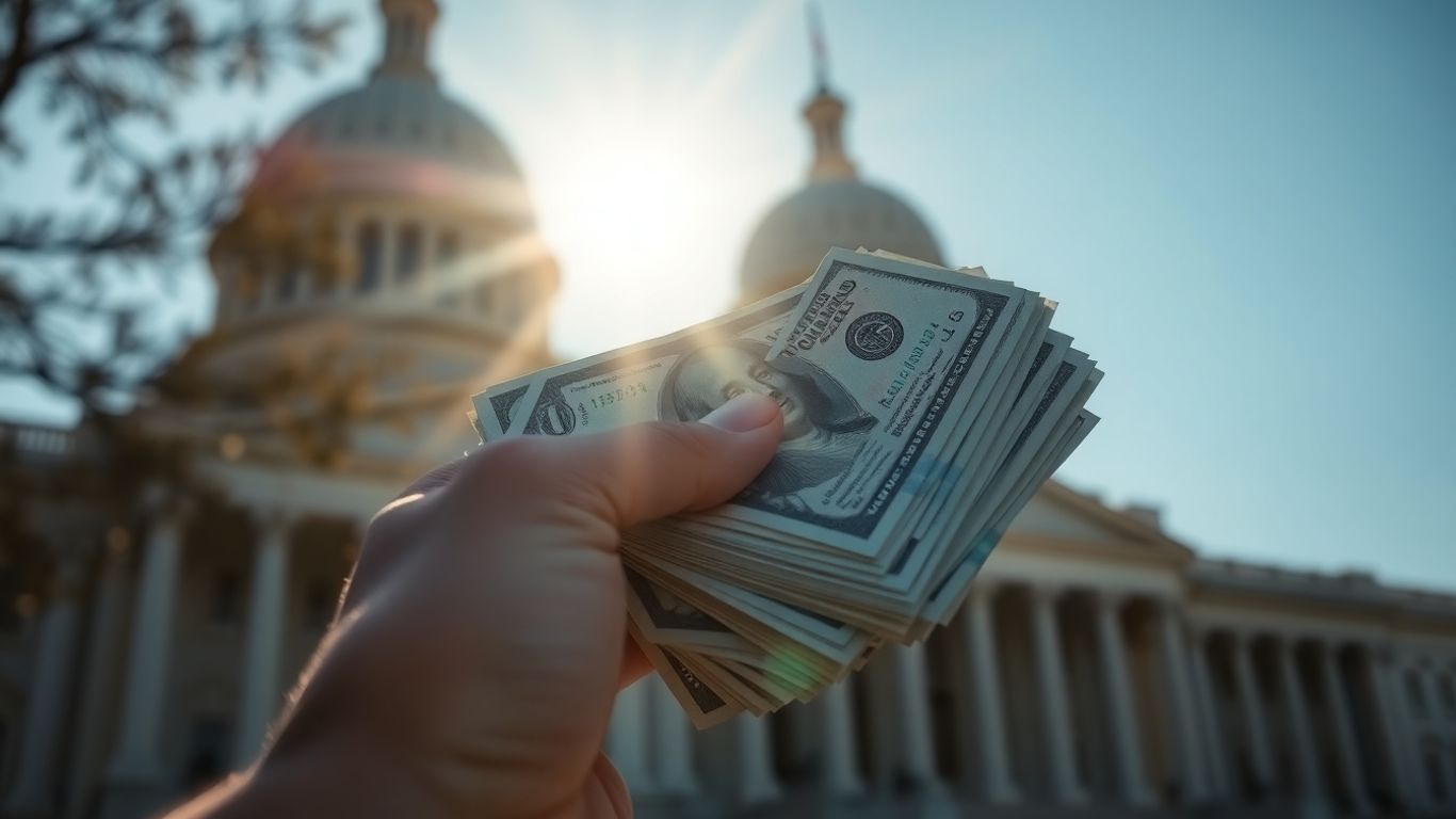 Hand holding money near government building.