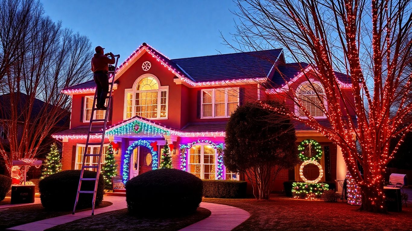 Professional installing Christmas lights on a decorated suburban home