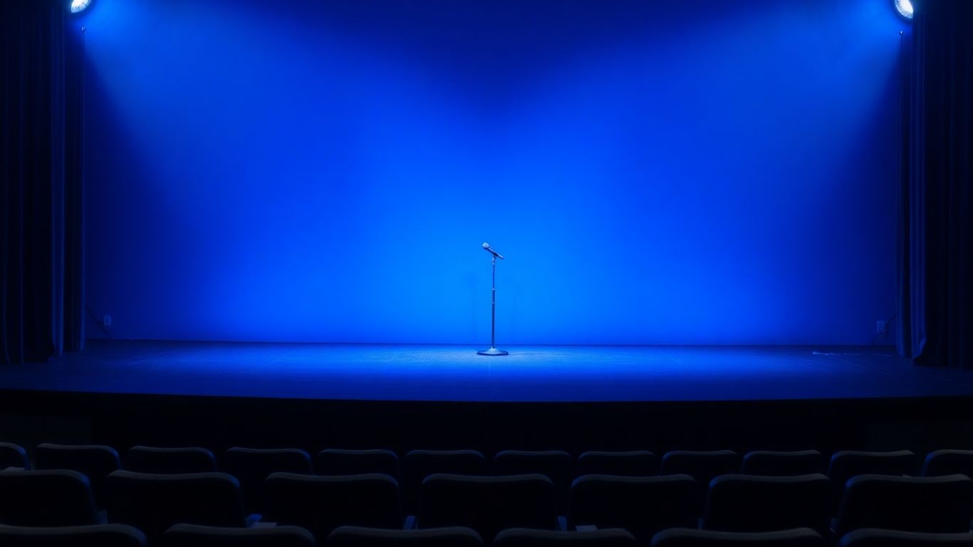 Spotlit microphone stand on a blue stage.
