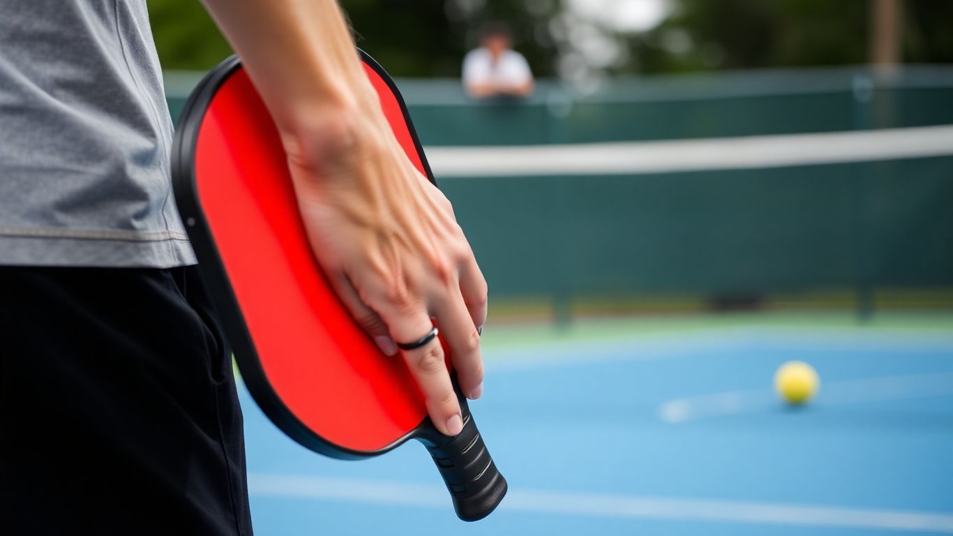Pickleball player holding a paddle on court