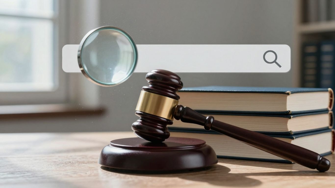 Gavel and legal books near a search bar.