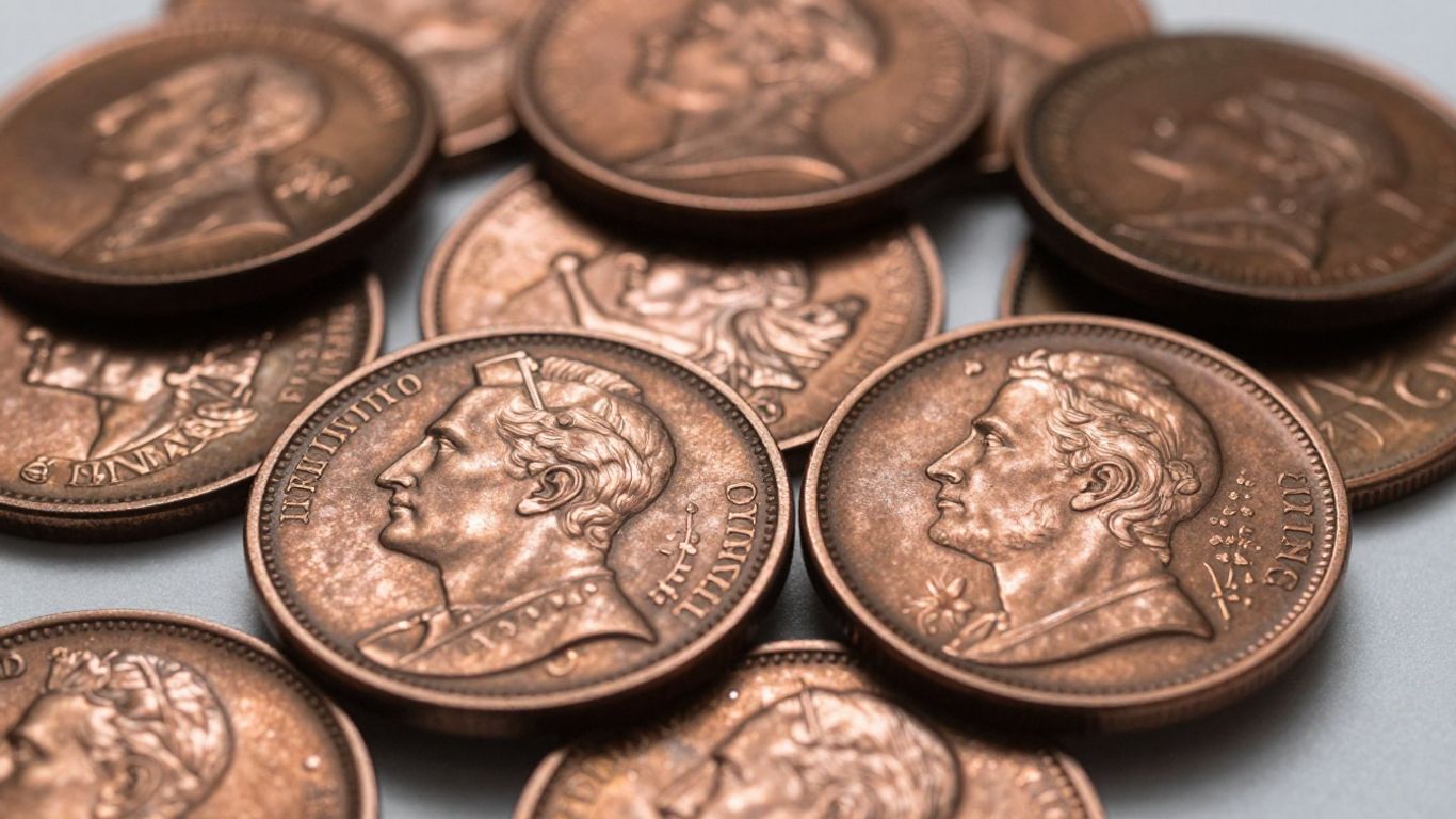 Close-up of old copper coins.
