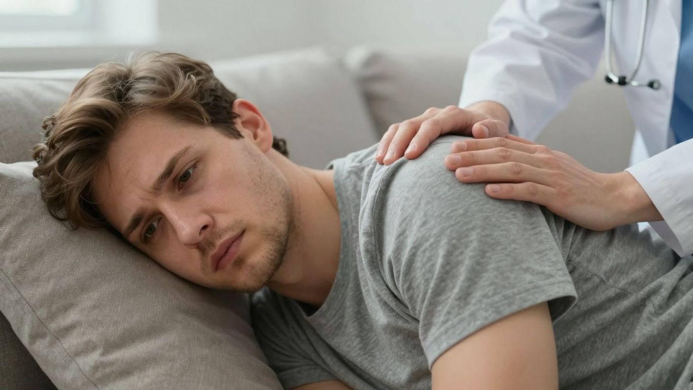 Person resting on couch with medical support.