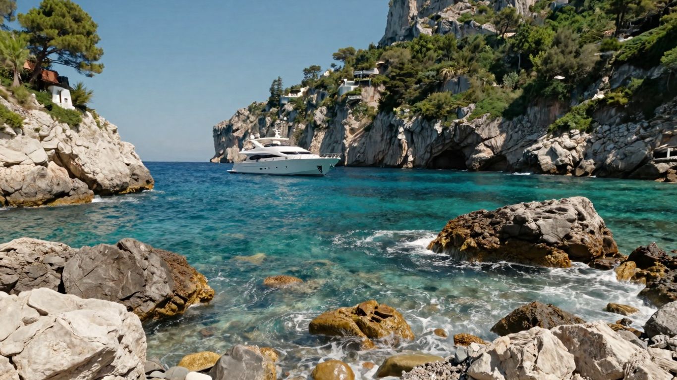 Luxury yacht sailing in clear blue waters off Capri coast.