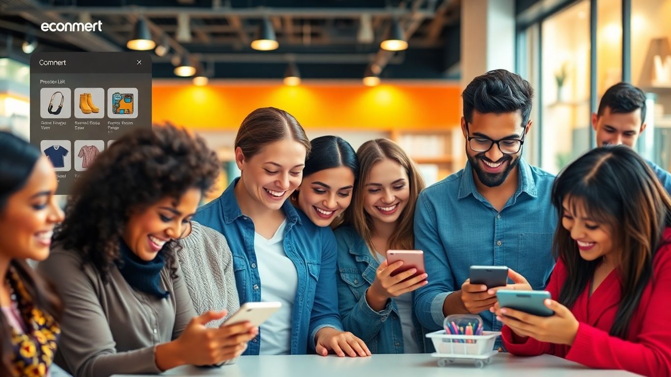 E-commerce platform interface with happy users shopping online.