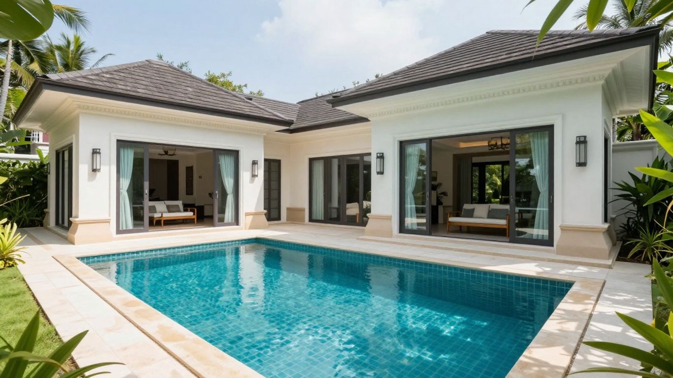 Luxury Phuket villa with pool and tropical gardens.