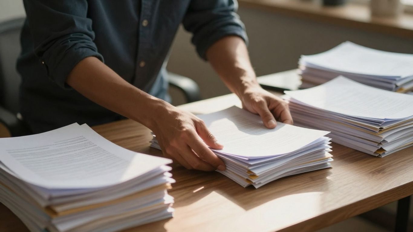 Femeie organizând un birou, spațiu ordonat, lumină.