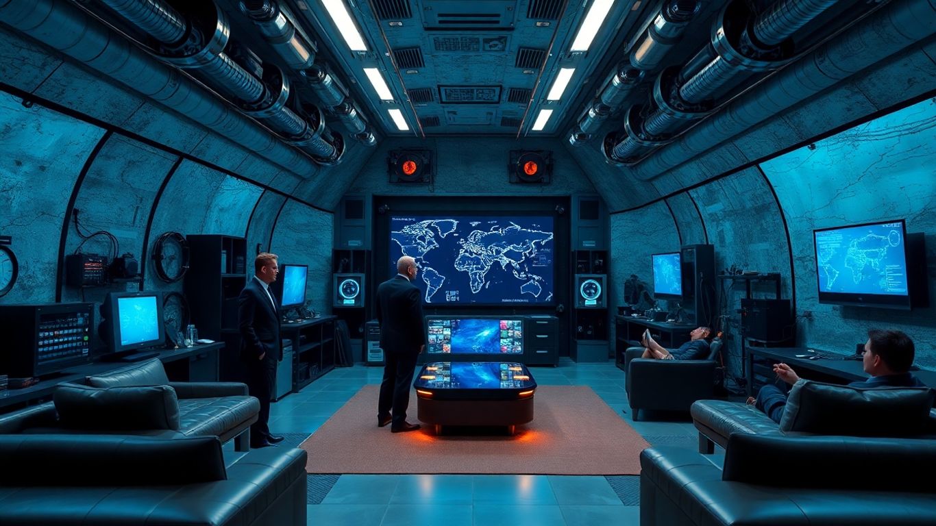 Tech billionaires inside a luxurious underground high-tech bunker