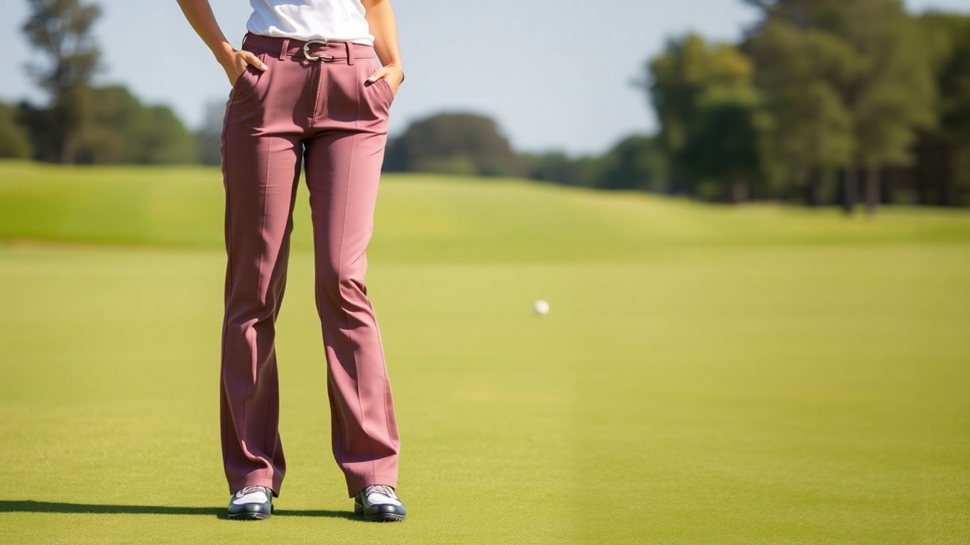 Tall woman in long golf pants on a golf course.