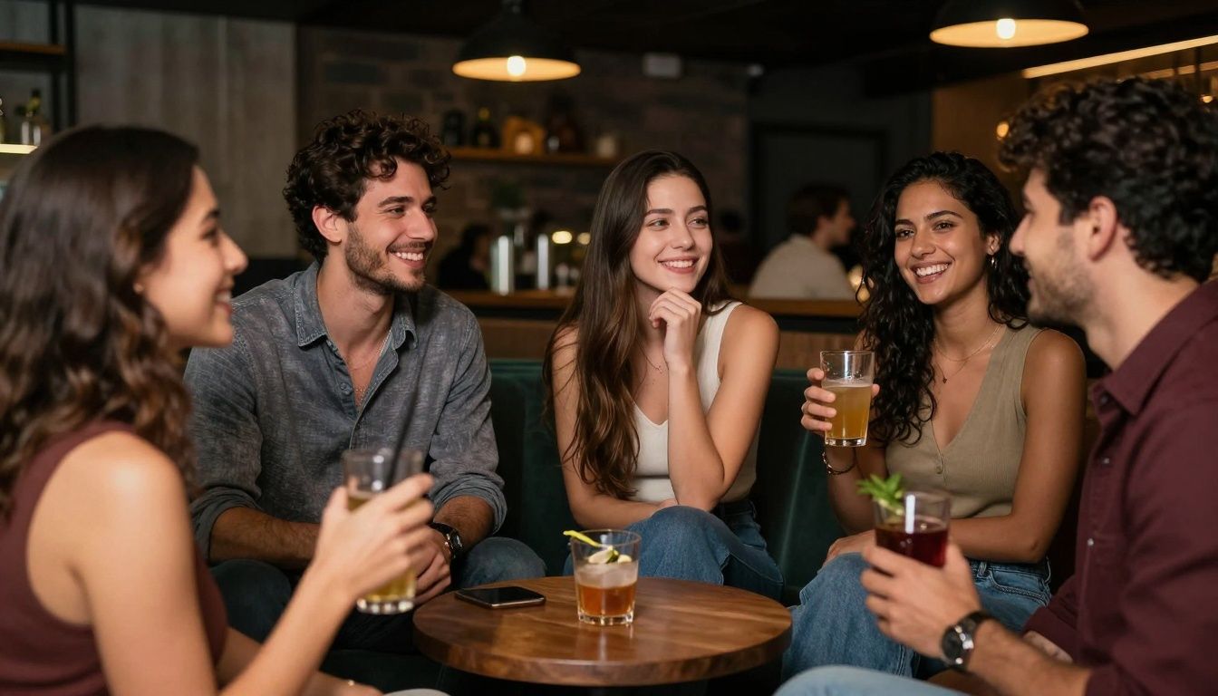 People socializing at a speed dating event.