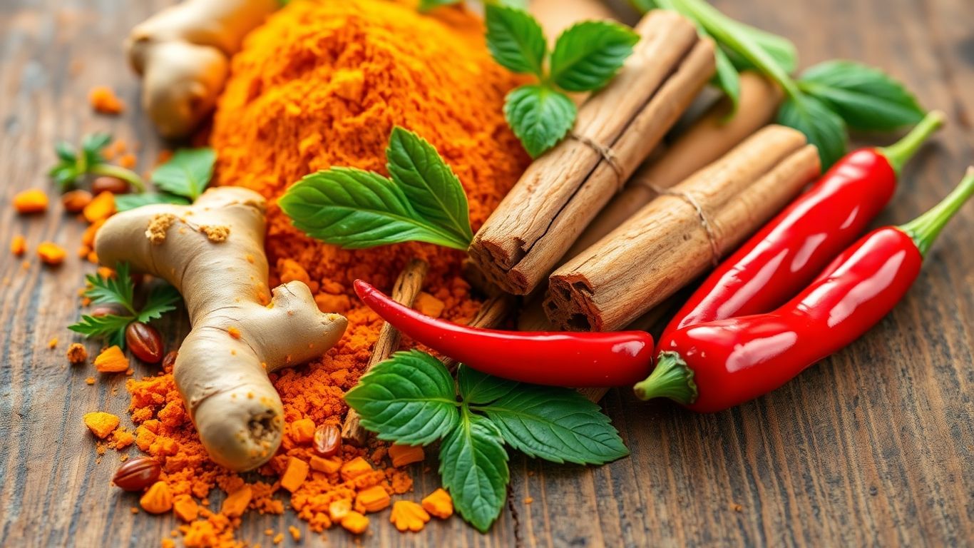 Colorful herbs and spices for healthy eating.