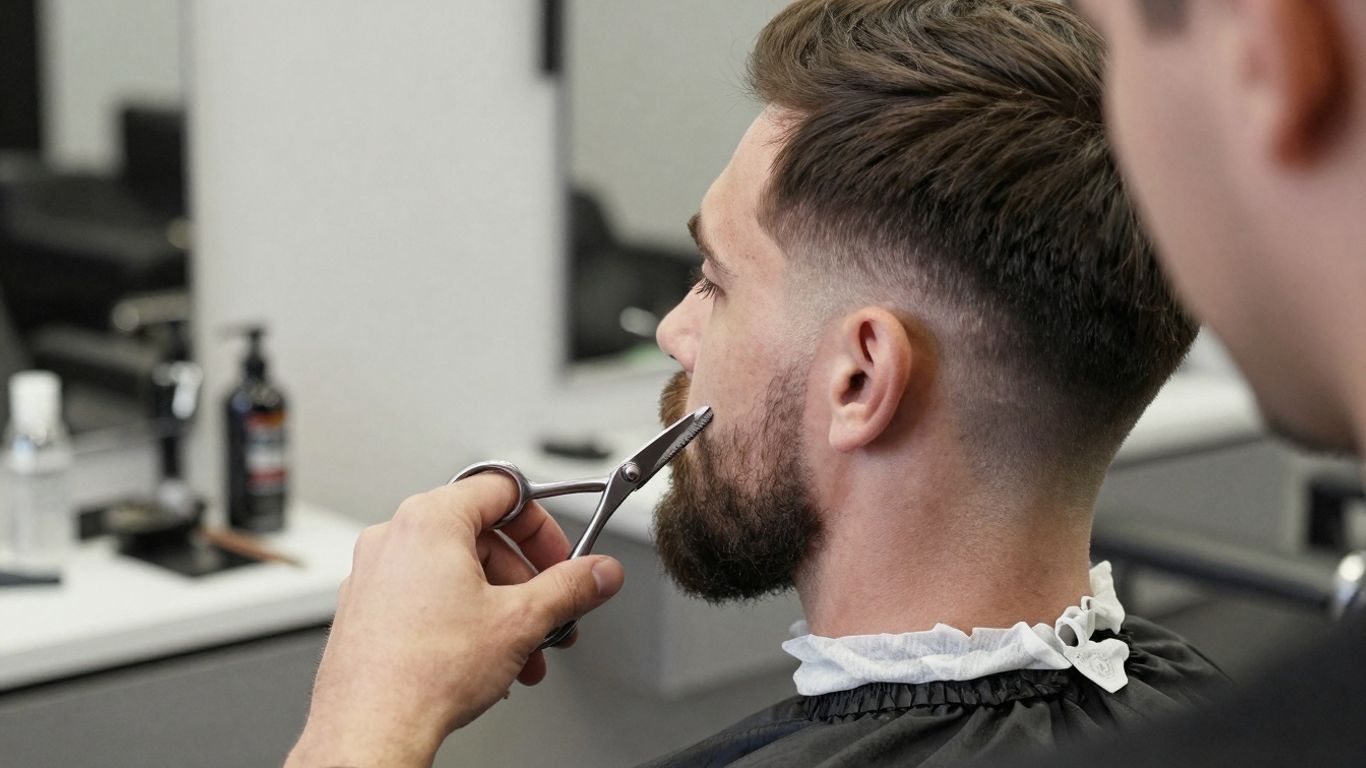 Barber trimming client's beard with scissors.