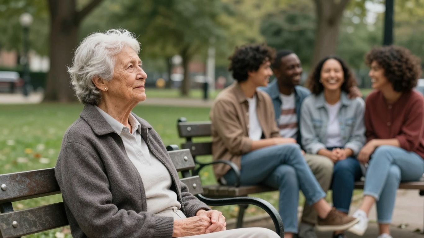Persoană singură pe bancă, grup de prieteni râzând.