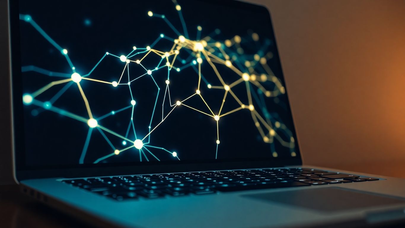 Laptop screen with abstract neural network pattern.