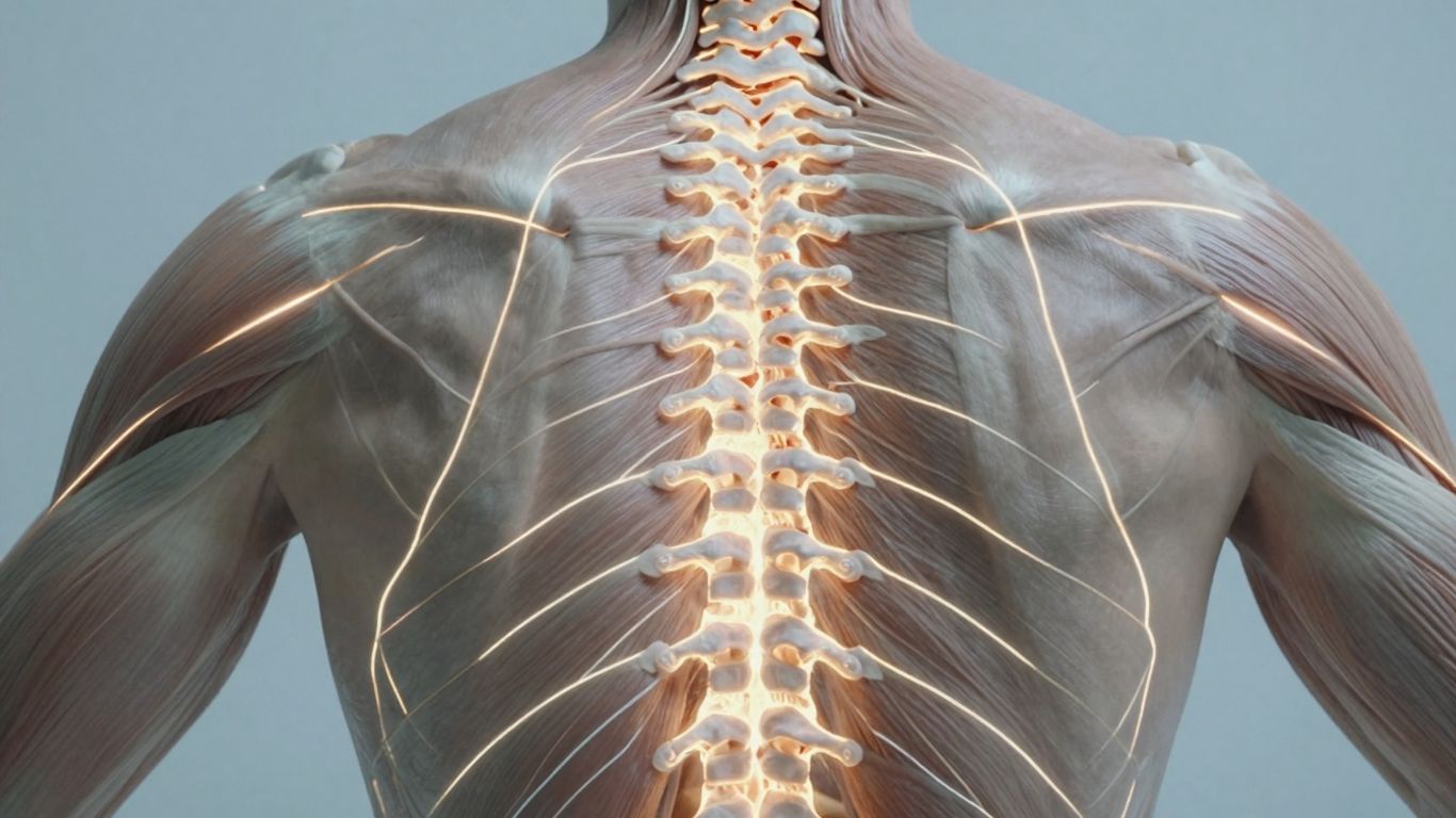 Glowing lines on a person's back, illustrating pain relief.