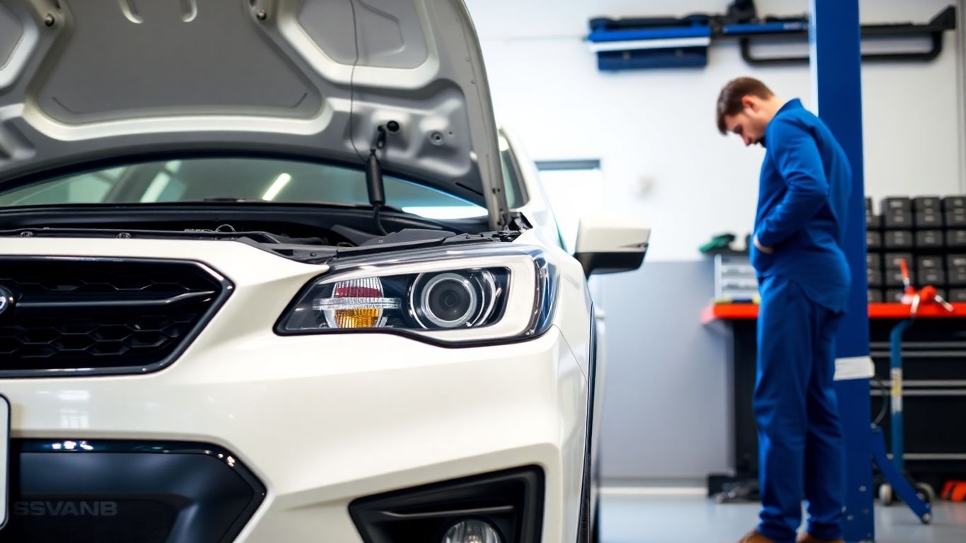 Mechanic servicing a Subaru car engine.
