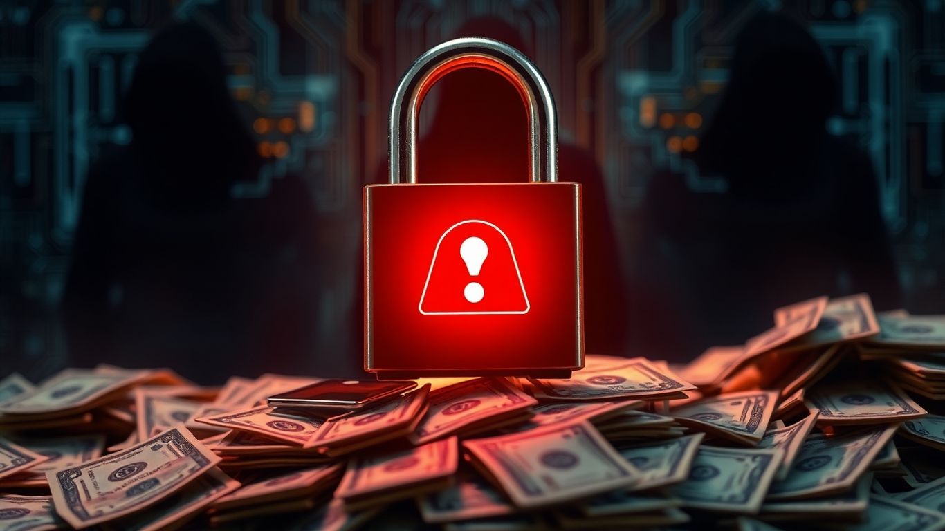 Digital lock and money with cyber threat background.