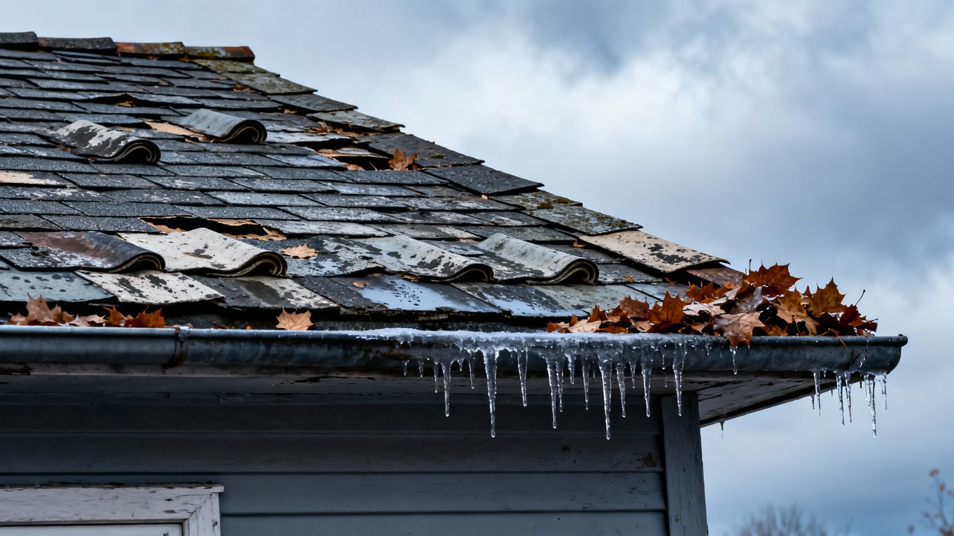 Old roof with missing shingles under cloudy autumn sky