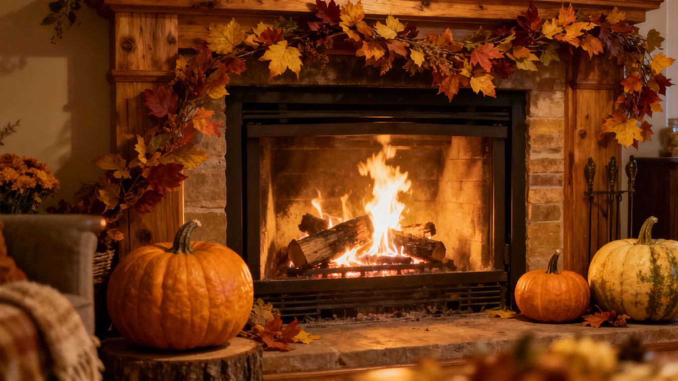 Cozy fireplace with Thanksgiving decorations and a warm fire.