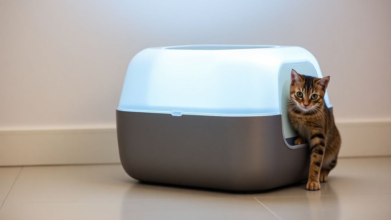 Smart cat litter box purifier with a curious cat nearby.