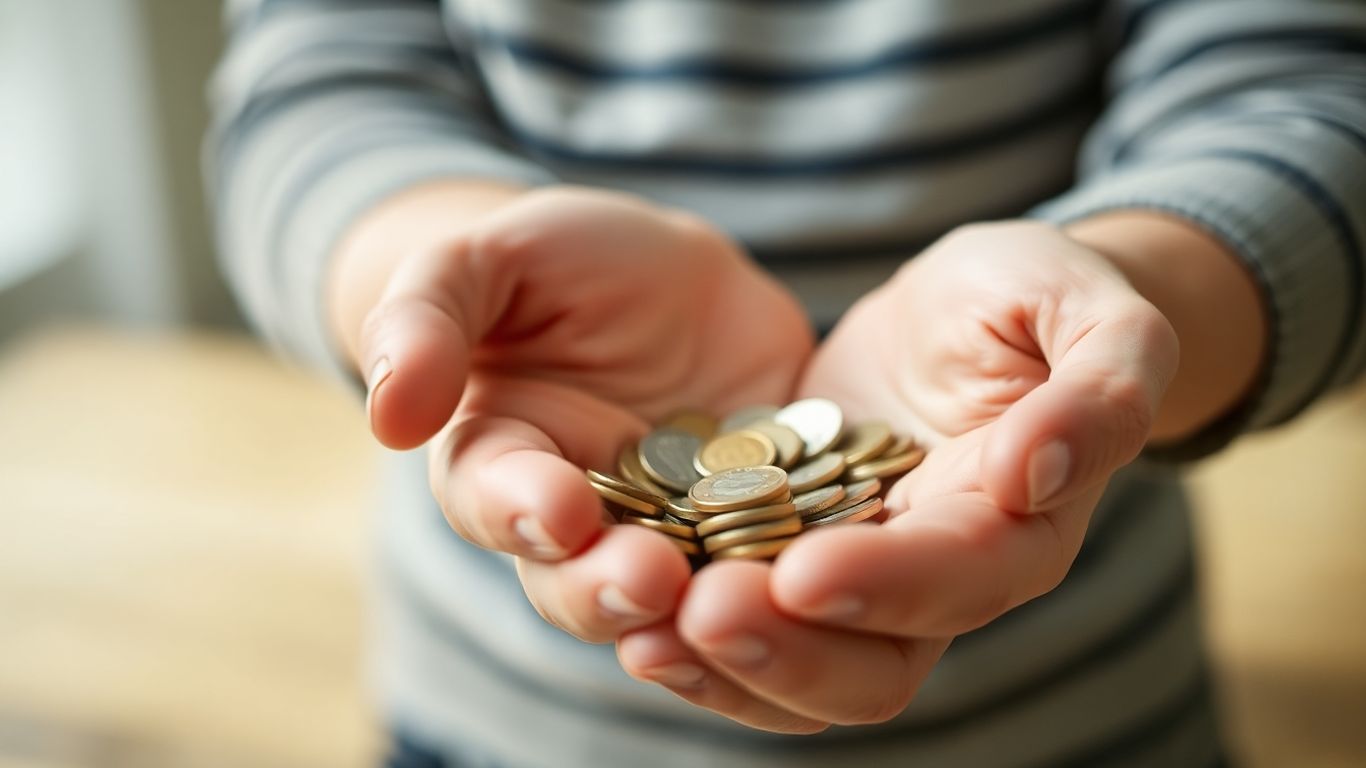 Mains tenant des pièces, arrière-plan financier flou.
