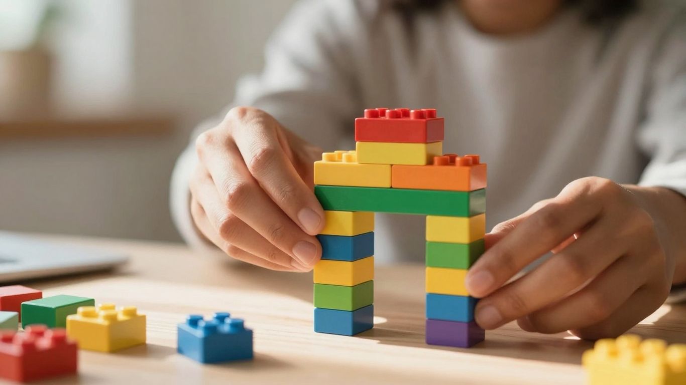 Hands building a structure with small blocks.