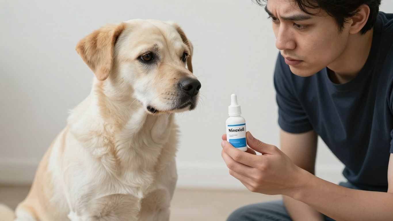 Dog owner with minoxidil bottle and concerned dog.