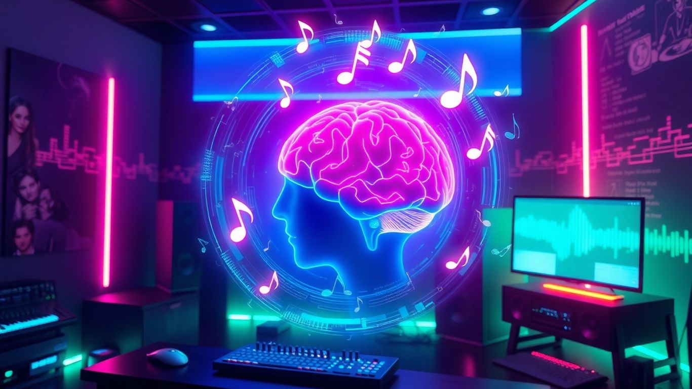 AI and music creation with glowing soundwaves.