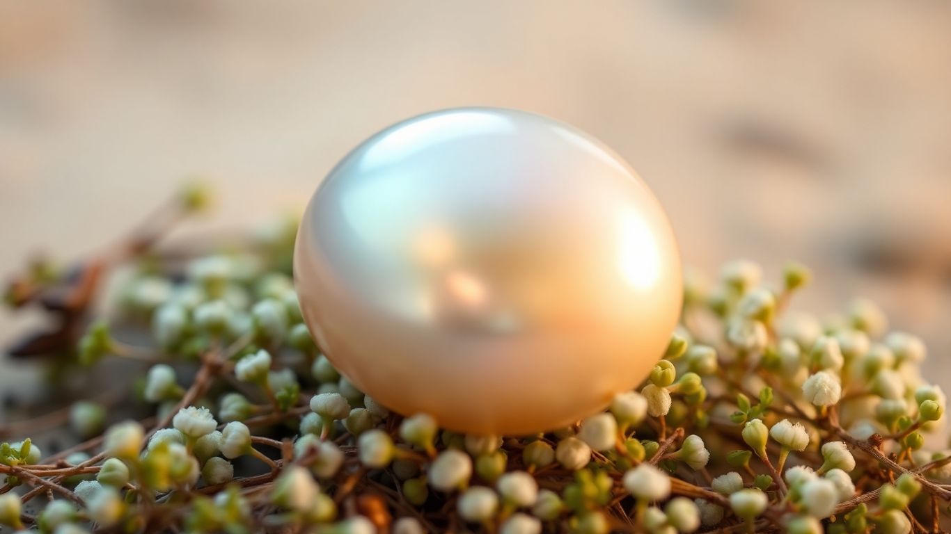 Lustrous pearl on herbs with soft light