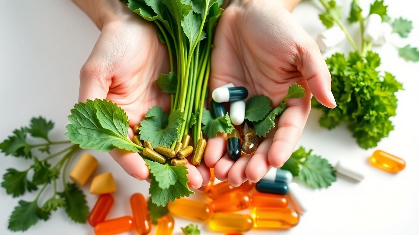 Hands holding leafy greens and supplement tablets