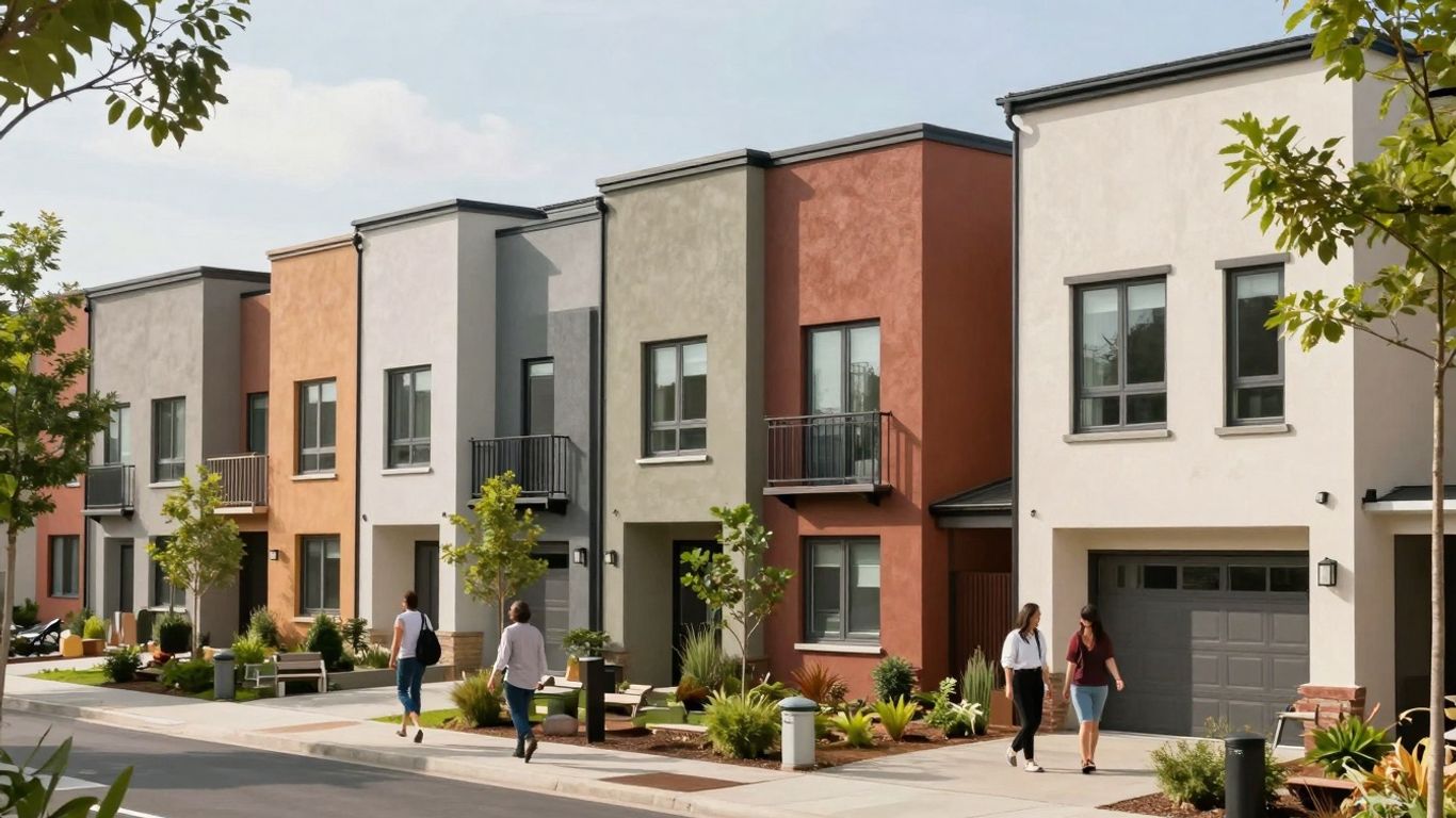 Modern affordable housing units with green spaces.