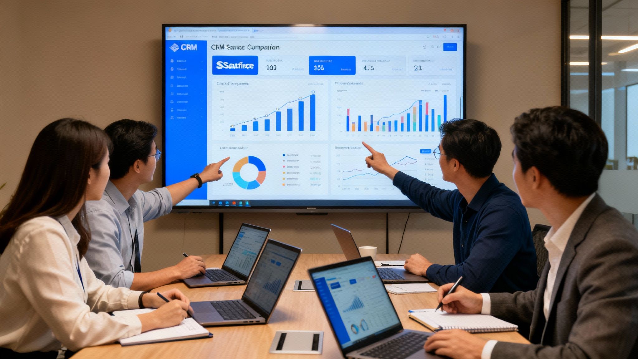 Team analyzing CRM salesforce comparison data together