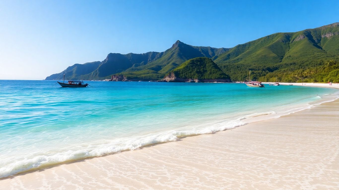 Labuan Bajo, Indonesia coastline with clear water and hills.