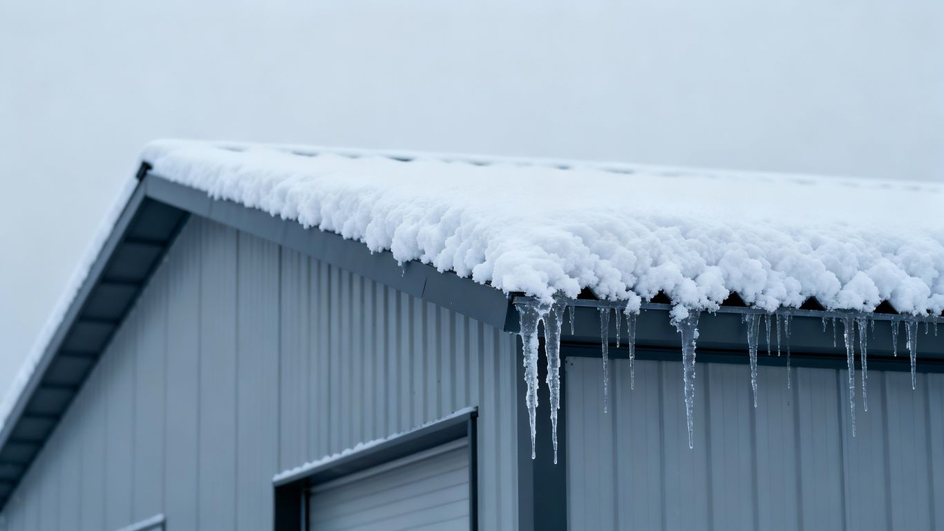 Commercial roof in winter with snow.