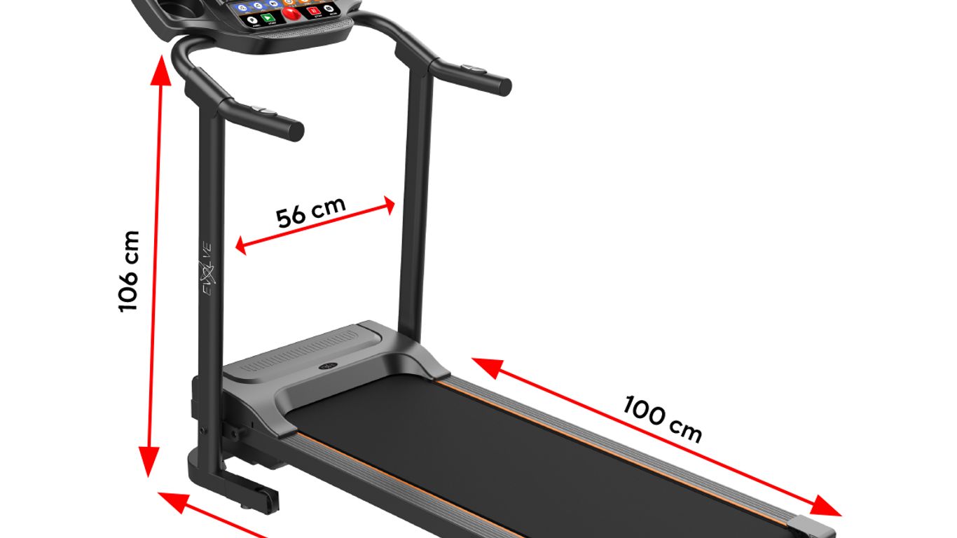 A treadmill with dimensions and the Evolve logo.