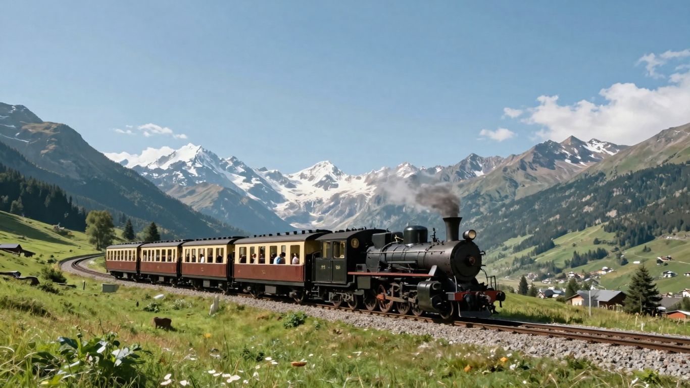Vintage train traveling through scenic mountains