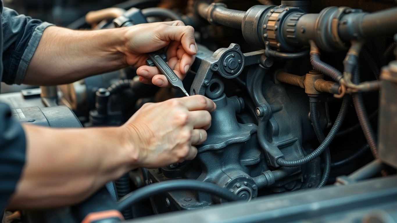 Mãos de mecânico consertando motor de caminhão.