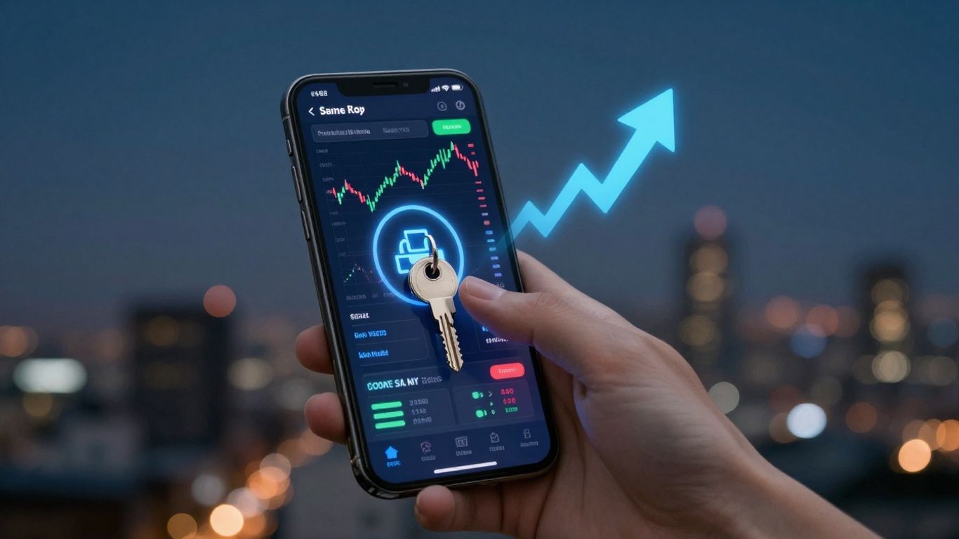 Smartphone with stock market gains and unlocking key.