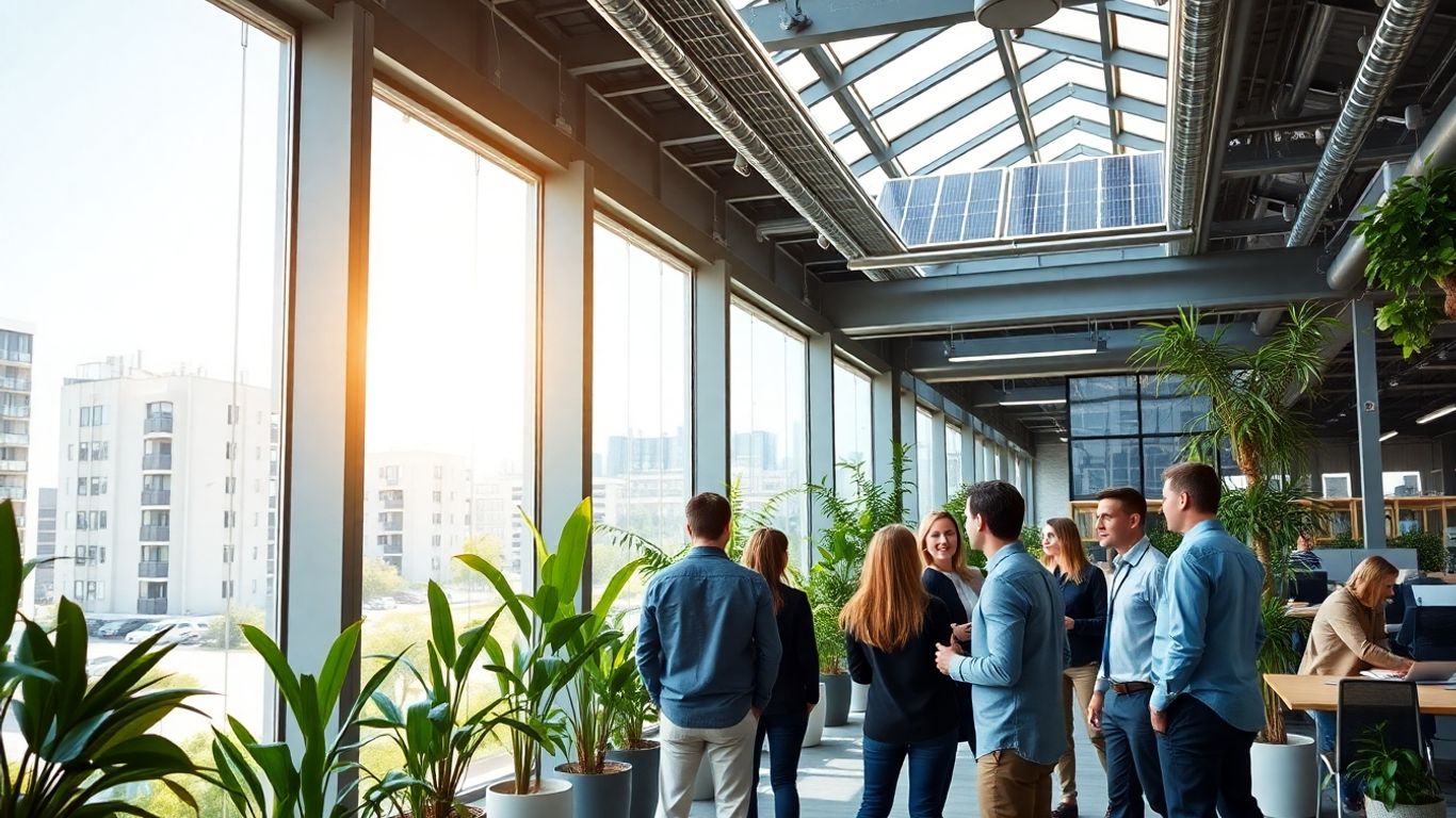 Modernes Büro mit Solarpanels und nachhaltigen Elementen