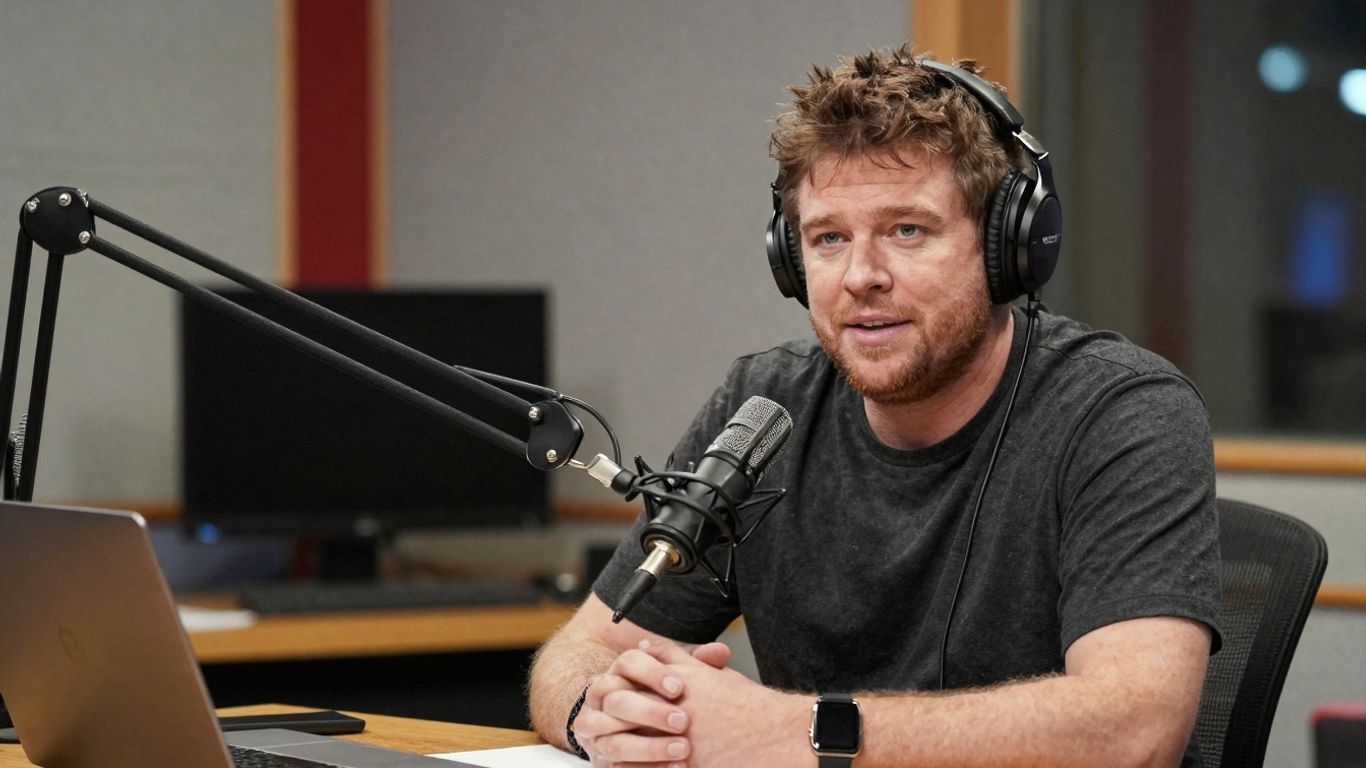 Joe Rogan podcast studio with microphones and equipment.