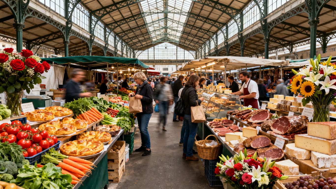 Borough Market stalls with food and shoppers.