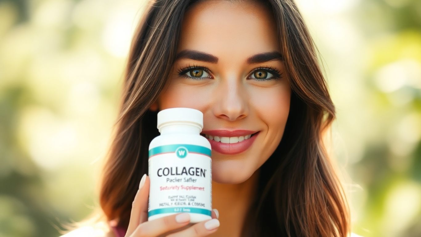 Femme souriante tenant une bouteille de collagène.