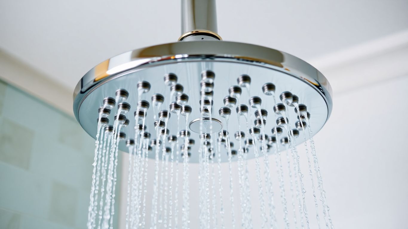 Modern ceiling shower head with water flowing.