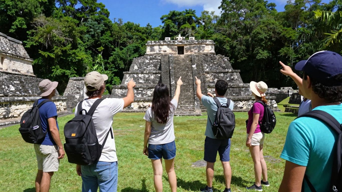 Ludzie zwiedzający starożytne ruiny w słoneczny dzień.