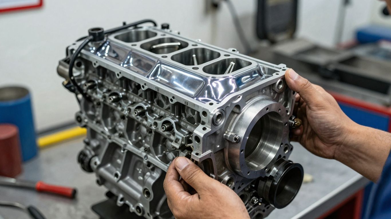 Mechanic holding a new car engine part.