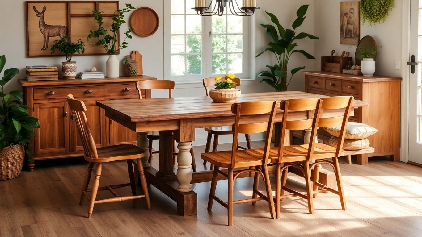 Rustic dining table with mismatched wooden chairs and bench