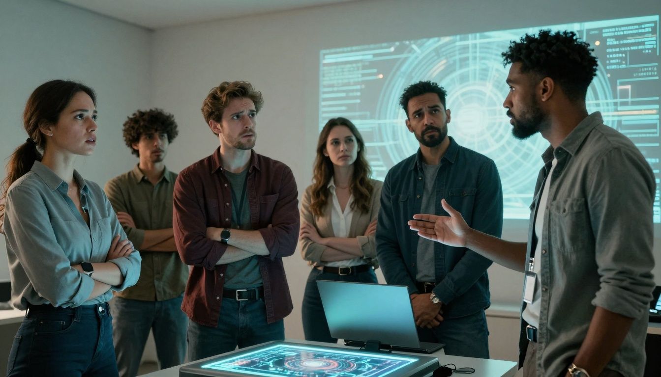 Performer's face scanned by digital technology, expressing concern about AI.