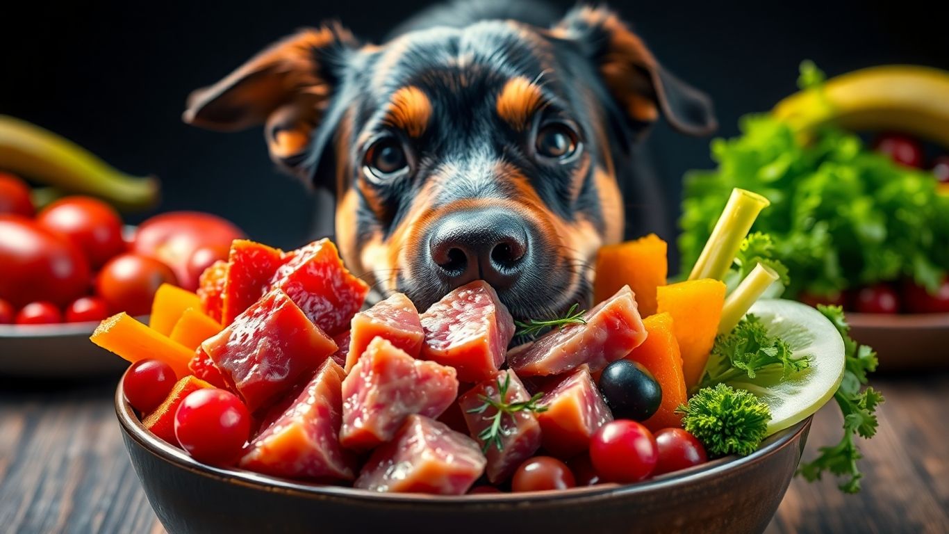 Dog enjoying a healthy raw food meal.