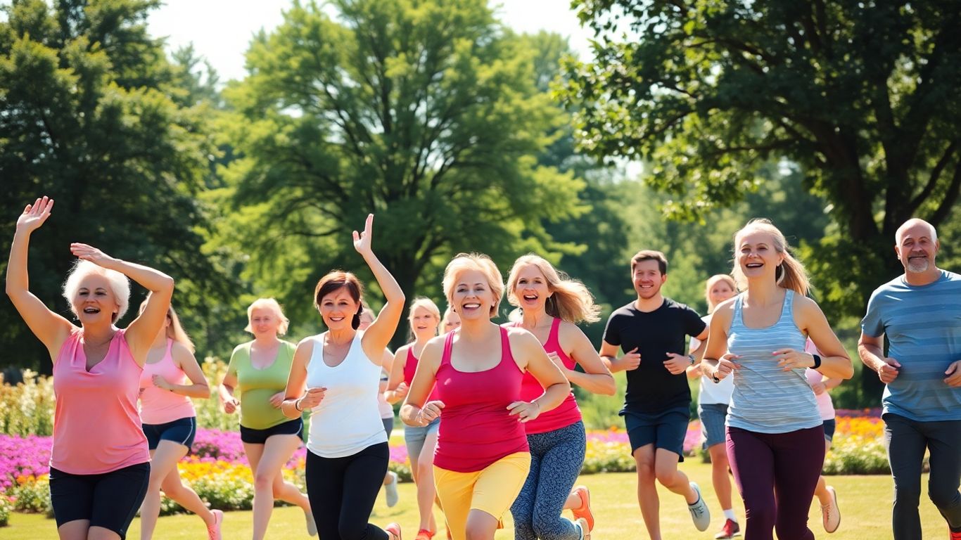 People joyfully exercising outdoors in a park.