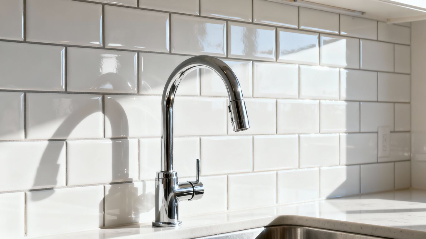 Newly installed white subway tile backsplash in a kitchen.